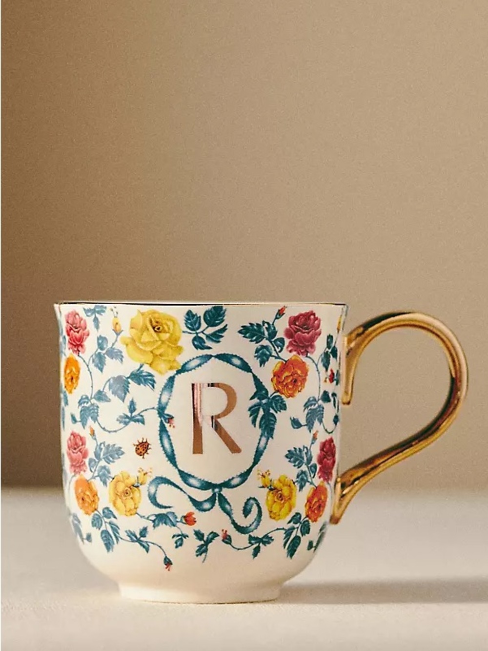 NWT Anthropologie Lou Rota Nature Table R Monogram Mug gold rim